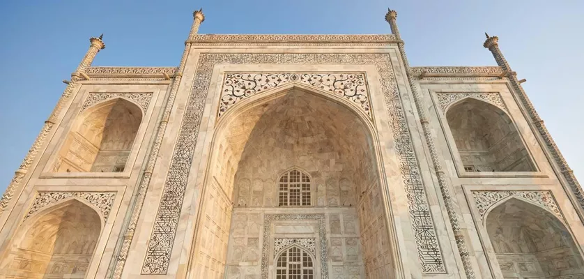 Morning visitors lining up at Taj Mahal gate during opening hours