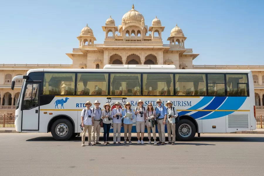 RTDC Rajasthan Tourism Development Corporation travel guide with international tourists in Rajasthan