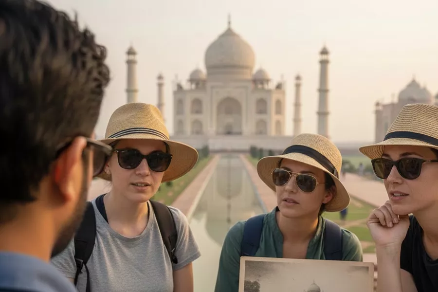 Guide and guests on a Golden Triangle escorted tour at Taj Mahal
