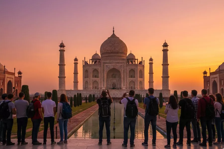 Guide and guests on a Golden Triangle escorted tour at Taj Mahal