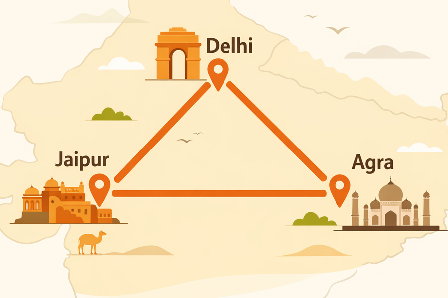 Golden Triangle India tour map showing Delhi, Agra and Jaipur route