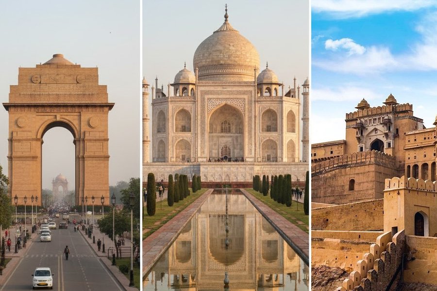Golden Triangle tour car and guests exploring Delhi Agra Jaipur