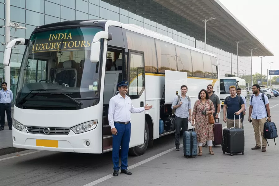 Modern coach bus on scenic Indian highway route