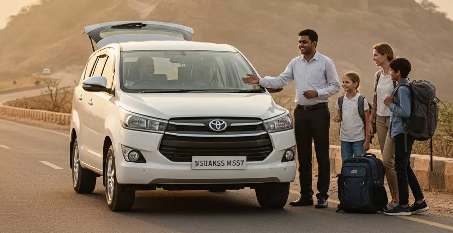 Travelers relaxing in the spacious, clean interior of a premium SUV during a long-distance journey in India