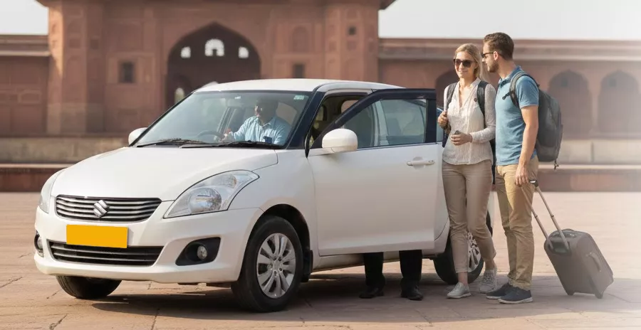 Tourists travelling in a private car with driver in India