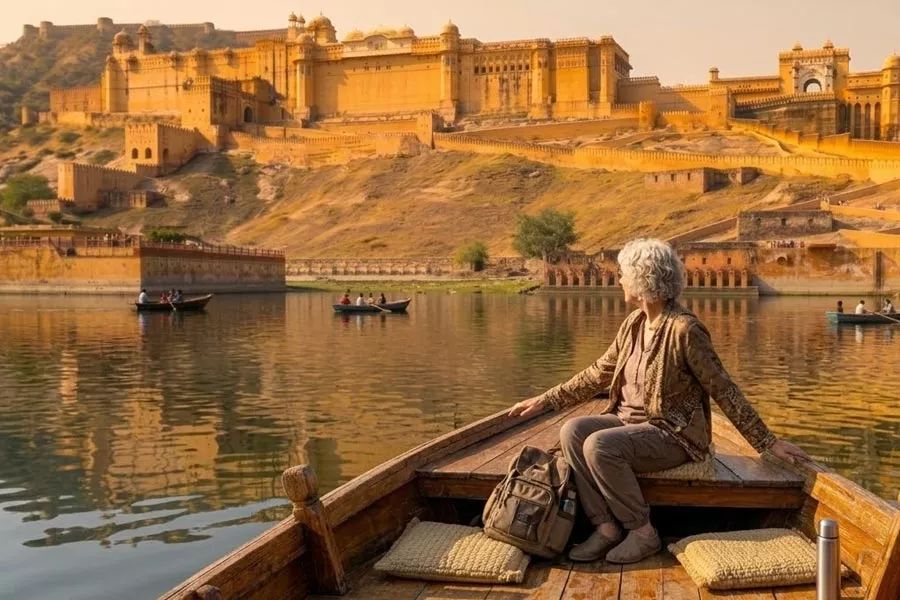 Amber Fort and boat view at Maota Lake Jaipur